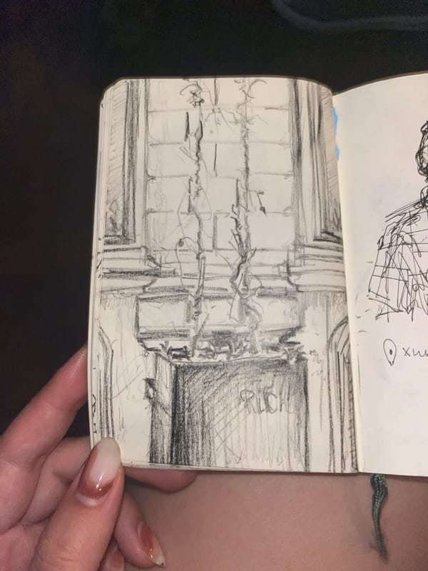 Artist fills sketchbook with diverse drawings in Greek village