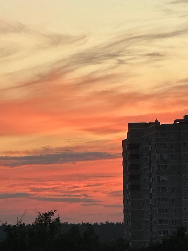 City skyline at golden hour, multiple angles on the same sunset