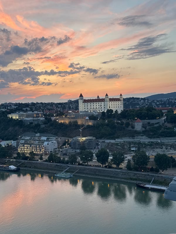 Bratislava Castle and Danube River at dusk, two angles