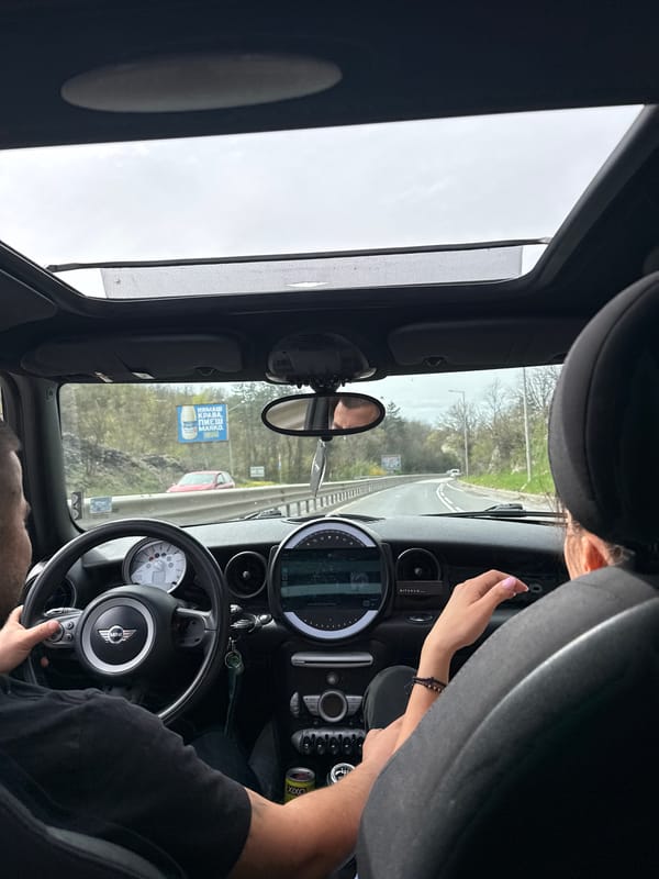 Mini Cooper interior photographed through sunroof in Veliko Tarnovo