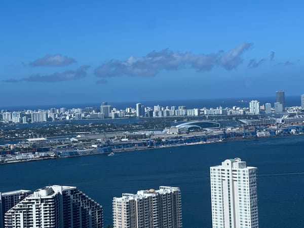 Aerial sweep of Miami's coastline and Biscayne Bay