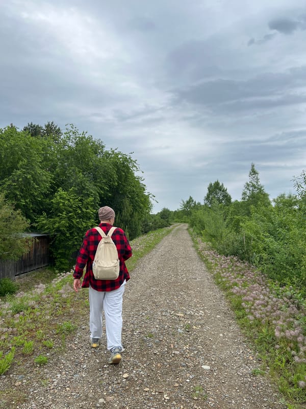 Person walks riverside path in overcast Khor, Russia morning