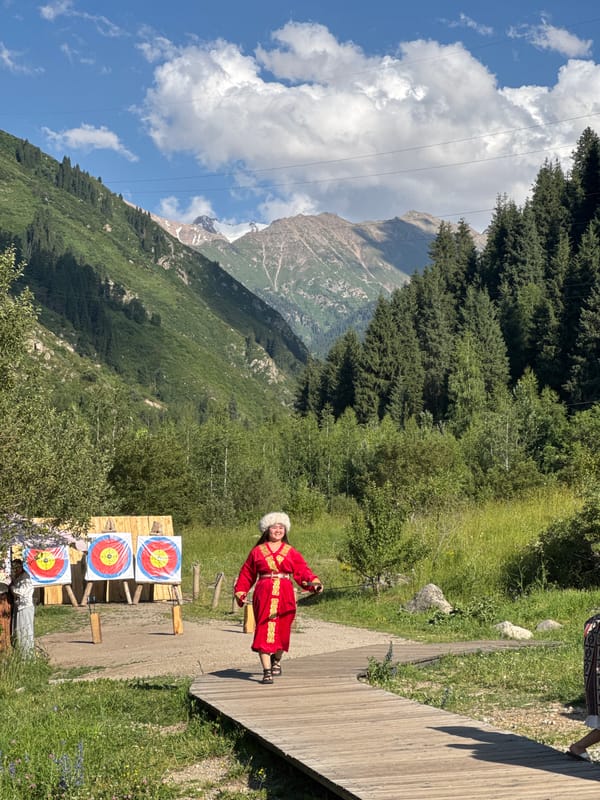 Mountain valley day out near Almaty, boardwalks and Tien Shan views