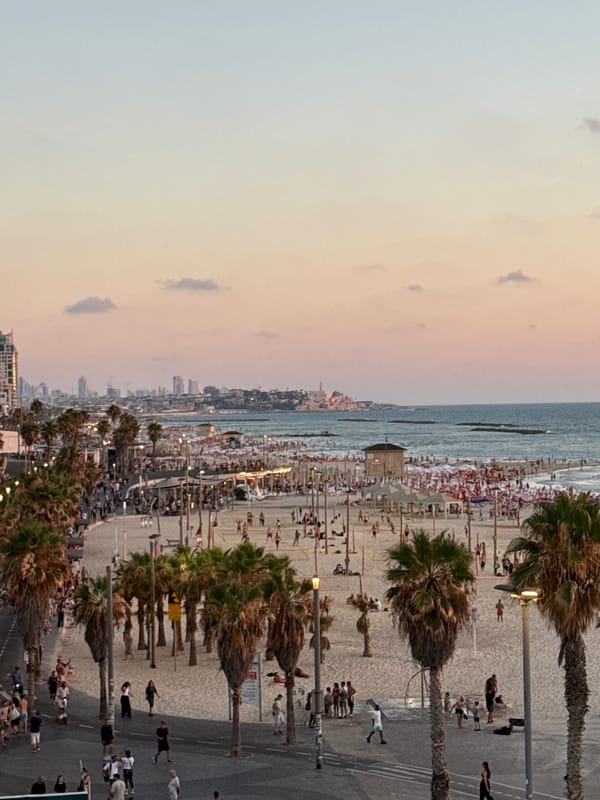 Tel Aviv waterfront at golden hour, beach to marina