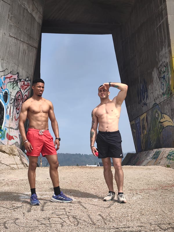 Men perform athletic stunts under Asparuhov Bridge in Varna