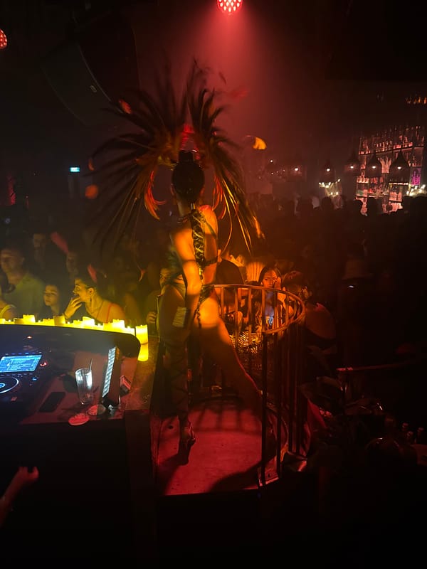 Feathered cabaret performer under red lights in Bang Thao nightclub