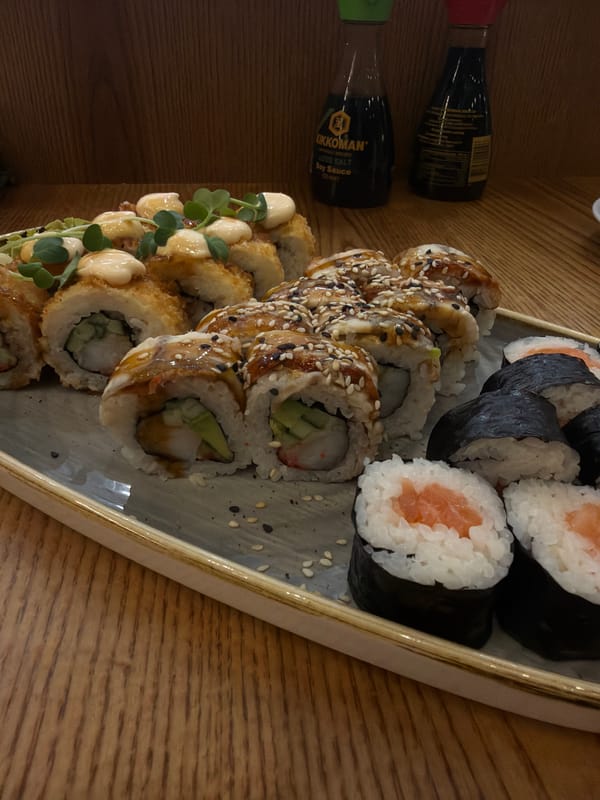 Sushi and matcha at a café in Riga