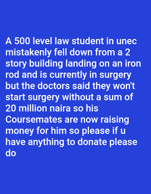 UNEC Law Student Hospitalized After Fall Onto Iron Rod