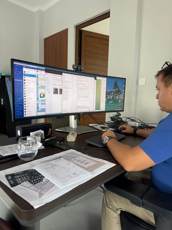 Morning workspace routine documented in Denpasar, Indonesia