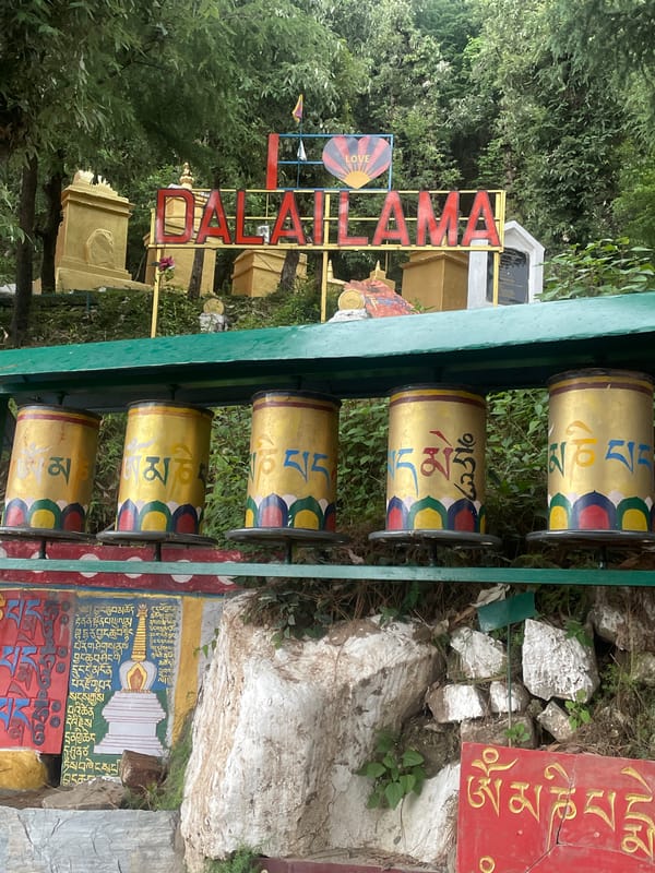 Visitor documents Buddhist prayer wheels and Tibetan flags in Dharamshala