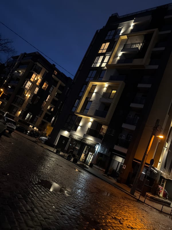 Evening scenes captured across Sofia include architecture, aquarium, parked car