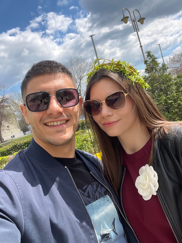 Couple takes outdoor selfie in Sliven, Bulgaria