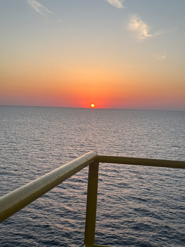 Sunset hour aboard an offshore vessel in Italian waters