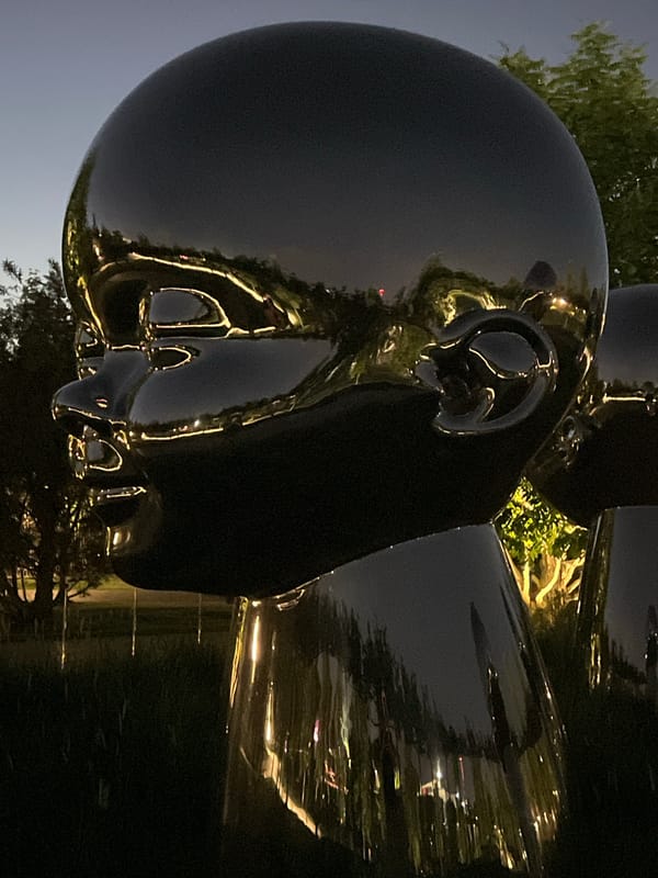 Reflective Head Sculpture Documented at Night in Krasnodar
