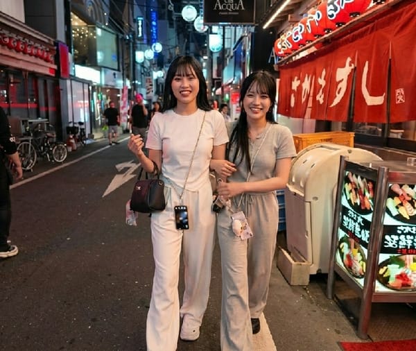 Two women stroll through nighttime Osaka district