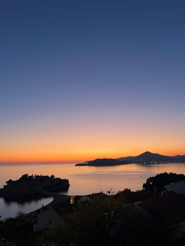 Sunset captured from multiple angles at Sveti Stefan, Montenegro