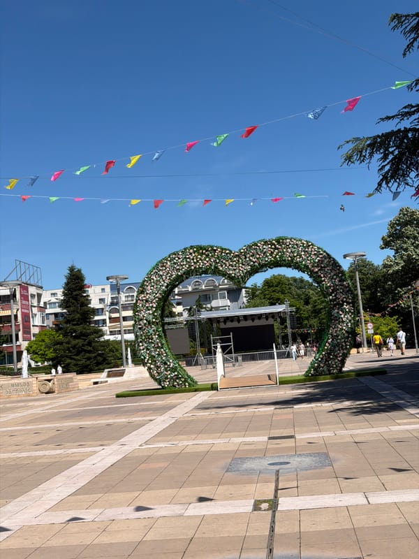 Decorated public square observed in Yambol, Bulgaria with flags
