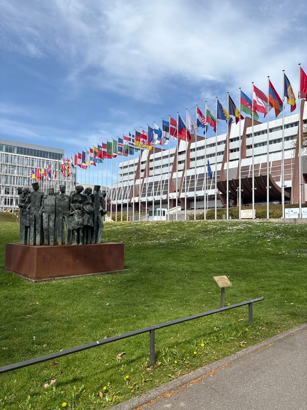 Council of Europe building observed in Strasbourg with member flags