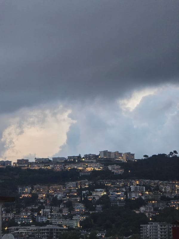 Evening scenes from Salerno: hillside cityscape and orange tabby cat