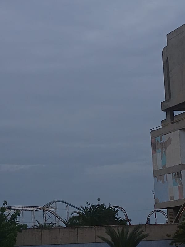 Empty sports facilities documented across Pampatar, Venezuela under overcast skies