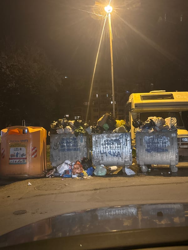Overflowing waste containers observed on Sofia street at night