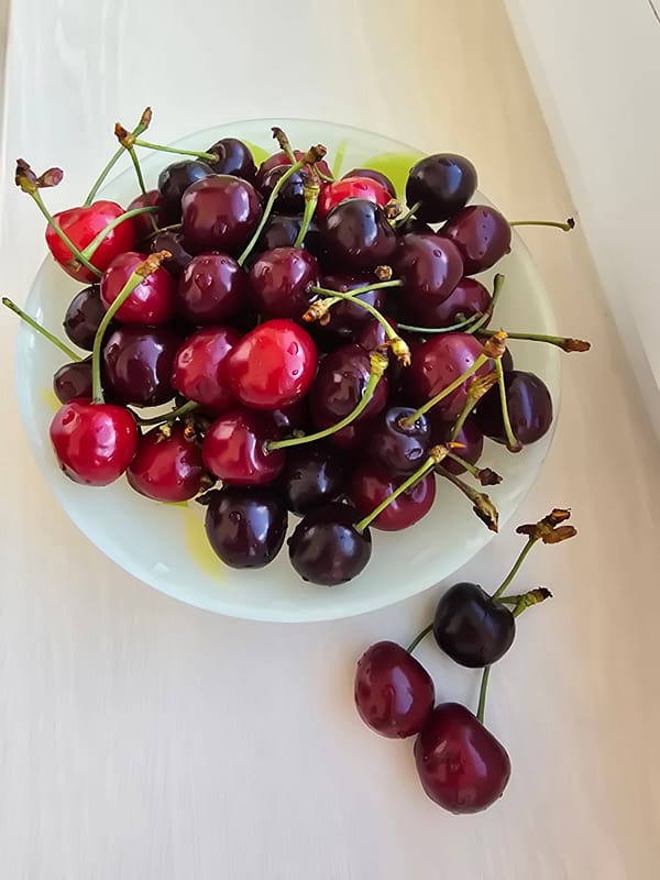 Morning moments with cherries, cat, and Ukrainian coffee cup