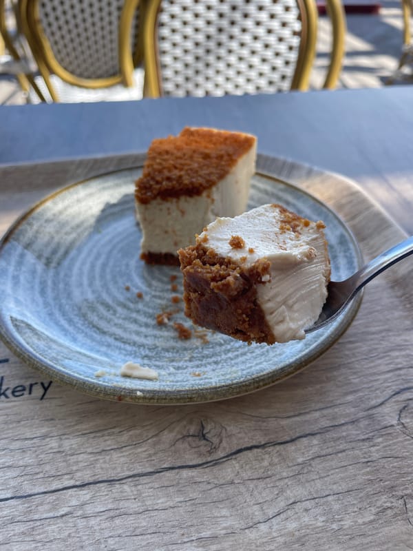 Cheesecake and café time at a Santagloria in Algeciras