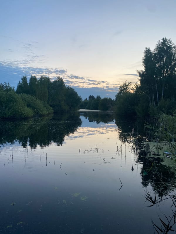 Still water reflects a soft twilight sky near Vasilyevo