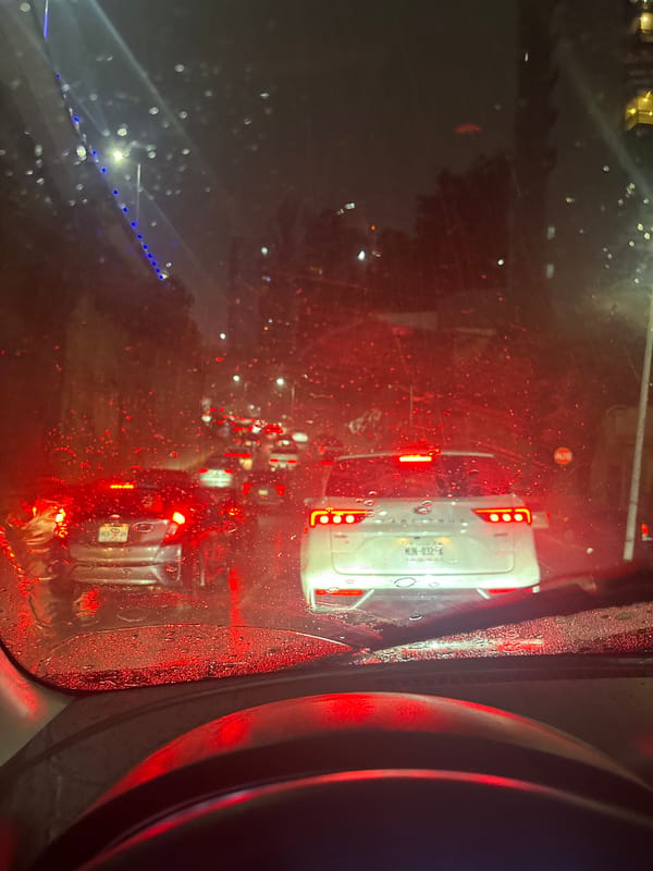 Nighttime traffic jam during heavy rain in Huixquilucan
