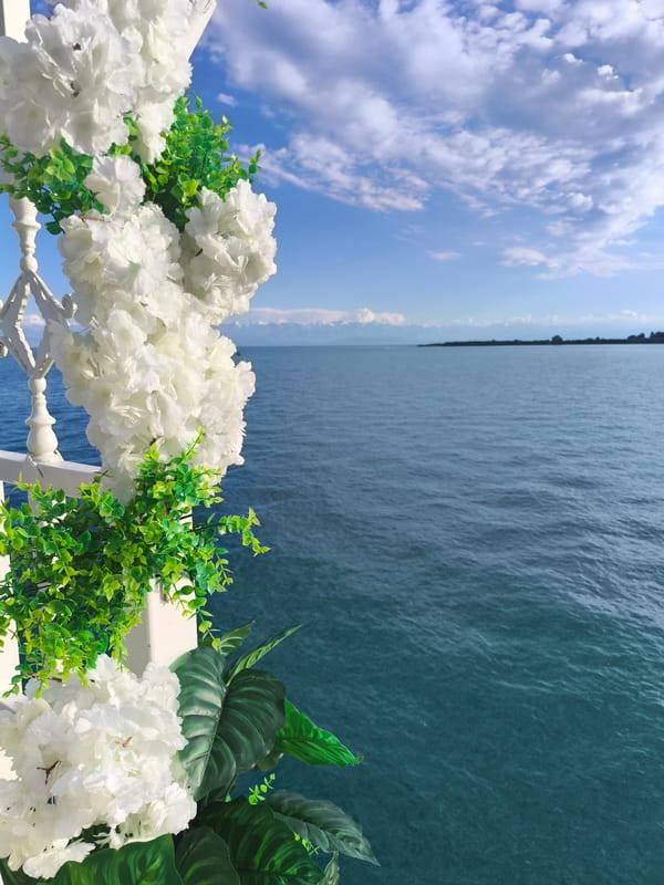 Issyk-Kul Lake framed by flowers and a white railing