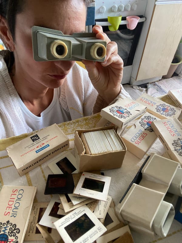 Moscow resident spends quiet morning with vintage slides, dog