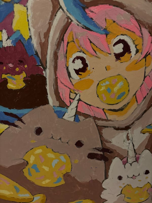 Selfies, neighborhood dusk, and pop culture canvas paintings