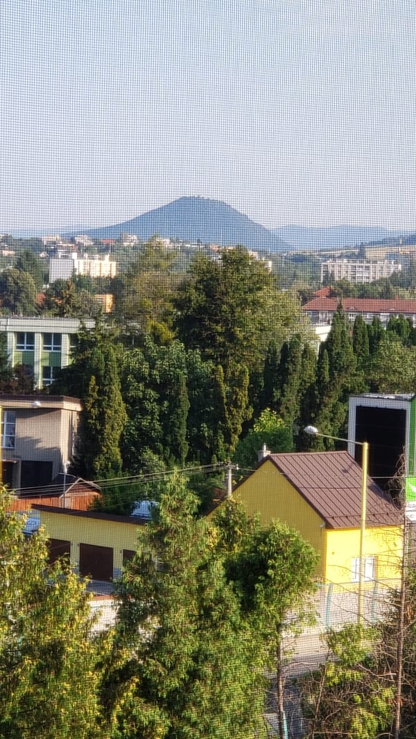 Morning views across a Prešov residential neighborhood and its hillside