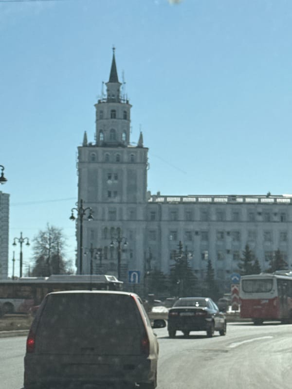 Soviet-era spired building photographed in Perm, Russia
