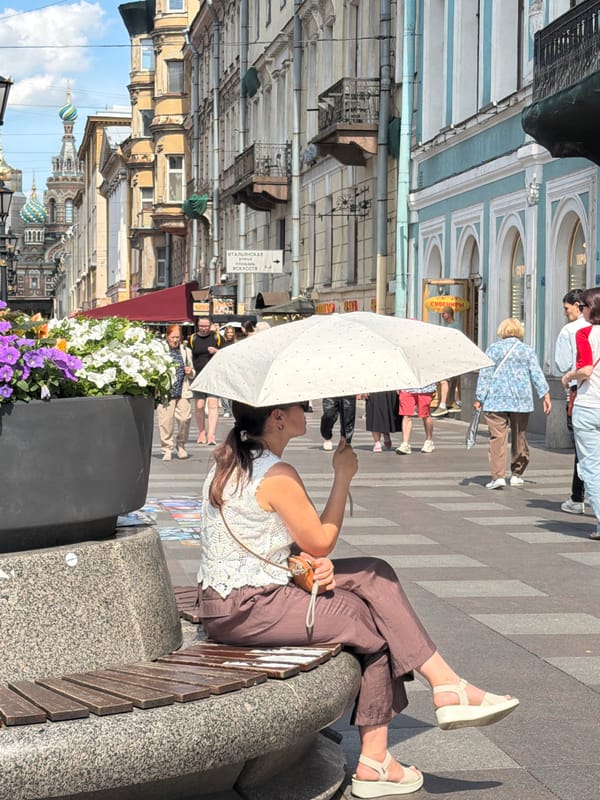 Sunny Saint Petersburg: robed figure, tickets, and a pelican