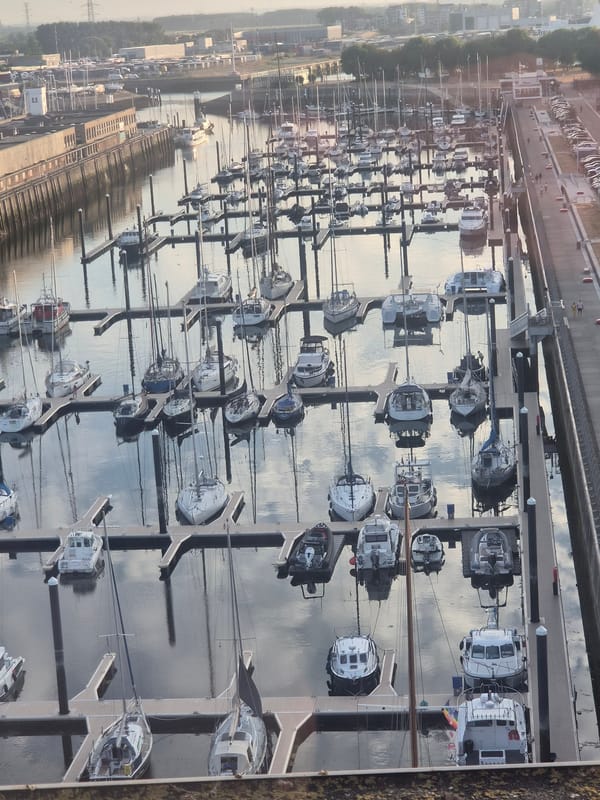 Bruges marina packed with boats on a calm July evening