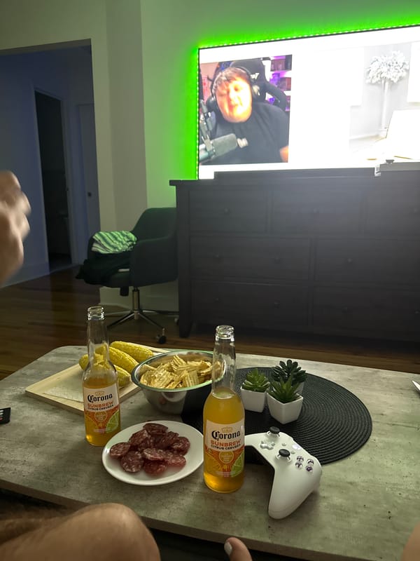Late-night apartment hangout with snacks, drinks, and a livestream