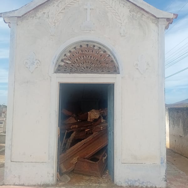Witness documents cemetery scenes including damaged mausoleum, religious statuary