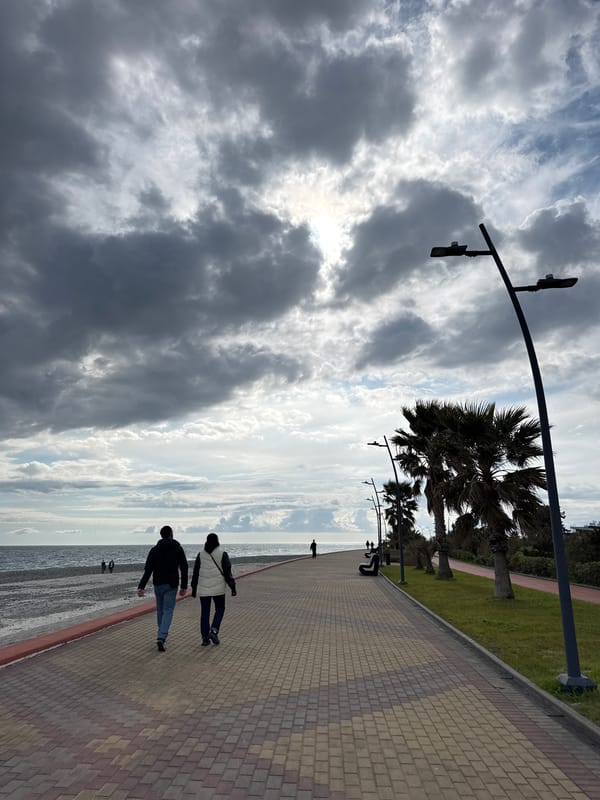 Woman explores Sirius coastline near Olympic stadium under cloudy skies