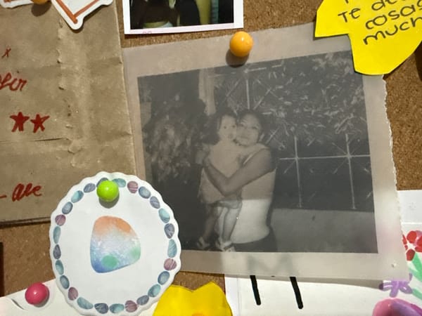 Bulletin board displays family photograph in Puebla, Mexico