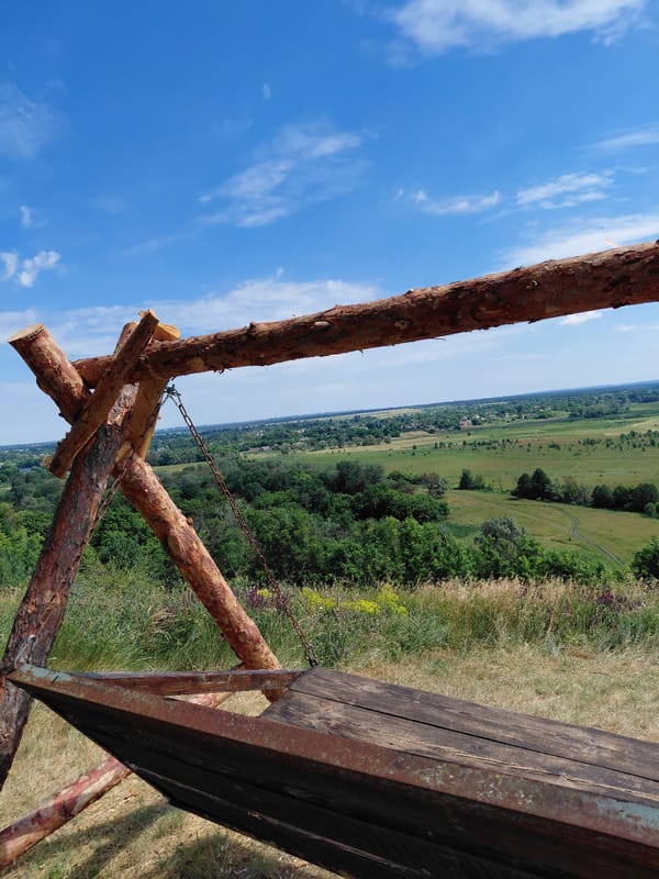 Hilltop rest stop overlooks open Ukrainian countryside
