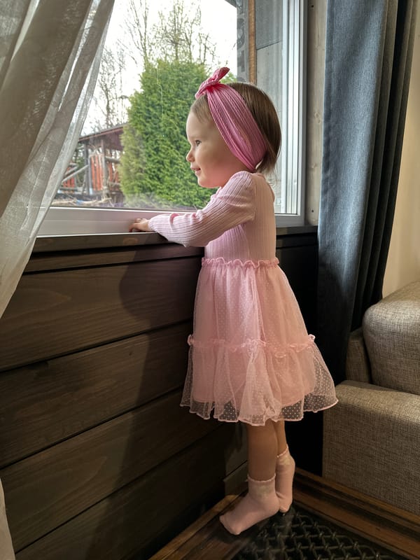 Young girl in pink dress plays by window in Wisła