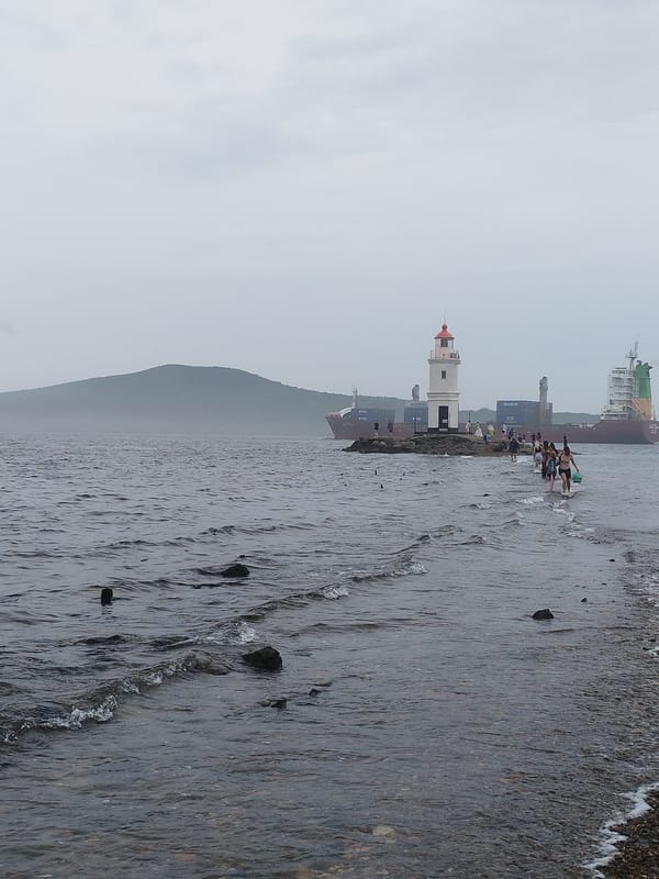 Vladivostok's rocky shoreline on a moody overcast morning