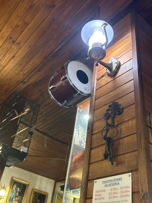Restaurant interior documented in Strelcha, Bulgaria with resident cat