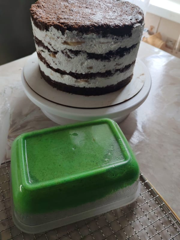 Cake decorating session documented through eight sequential memories