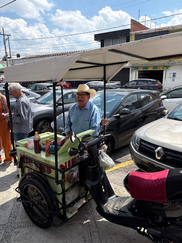 Food vendor serves customer from cart in Puebla