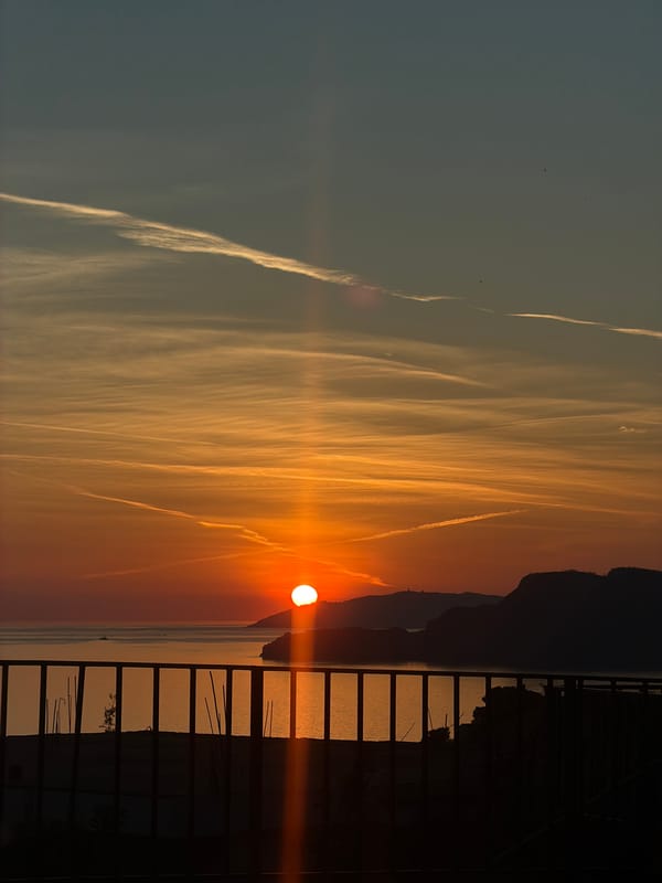 Sunset viewing and pet moment captured at Sveti Stefan
