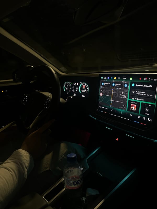 Driver navigates Sofia streets at night with dashboard display