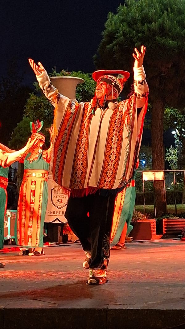 Traditional dancers perform nighttime cultural show in Arequipa, Peru