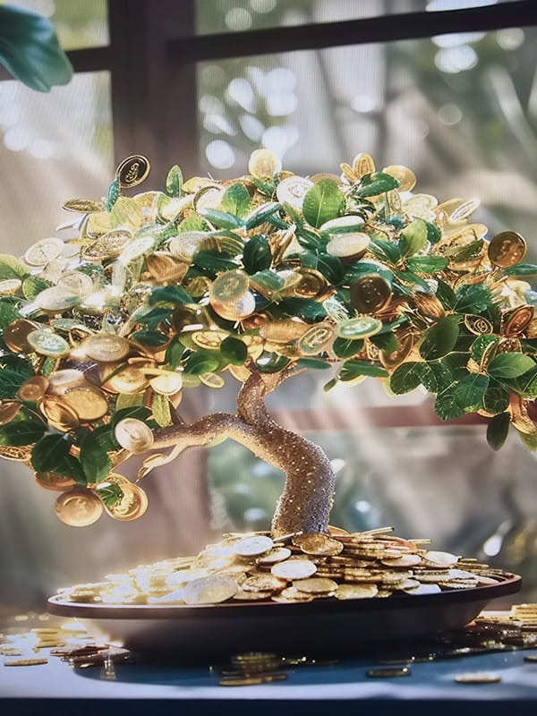 Decorative coin-adorned bonsai tree observed in Skadovsk, Ukraine